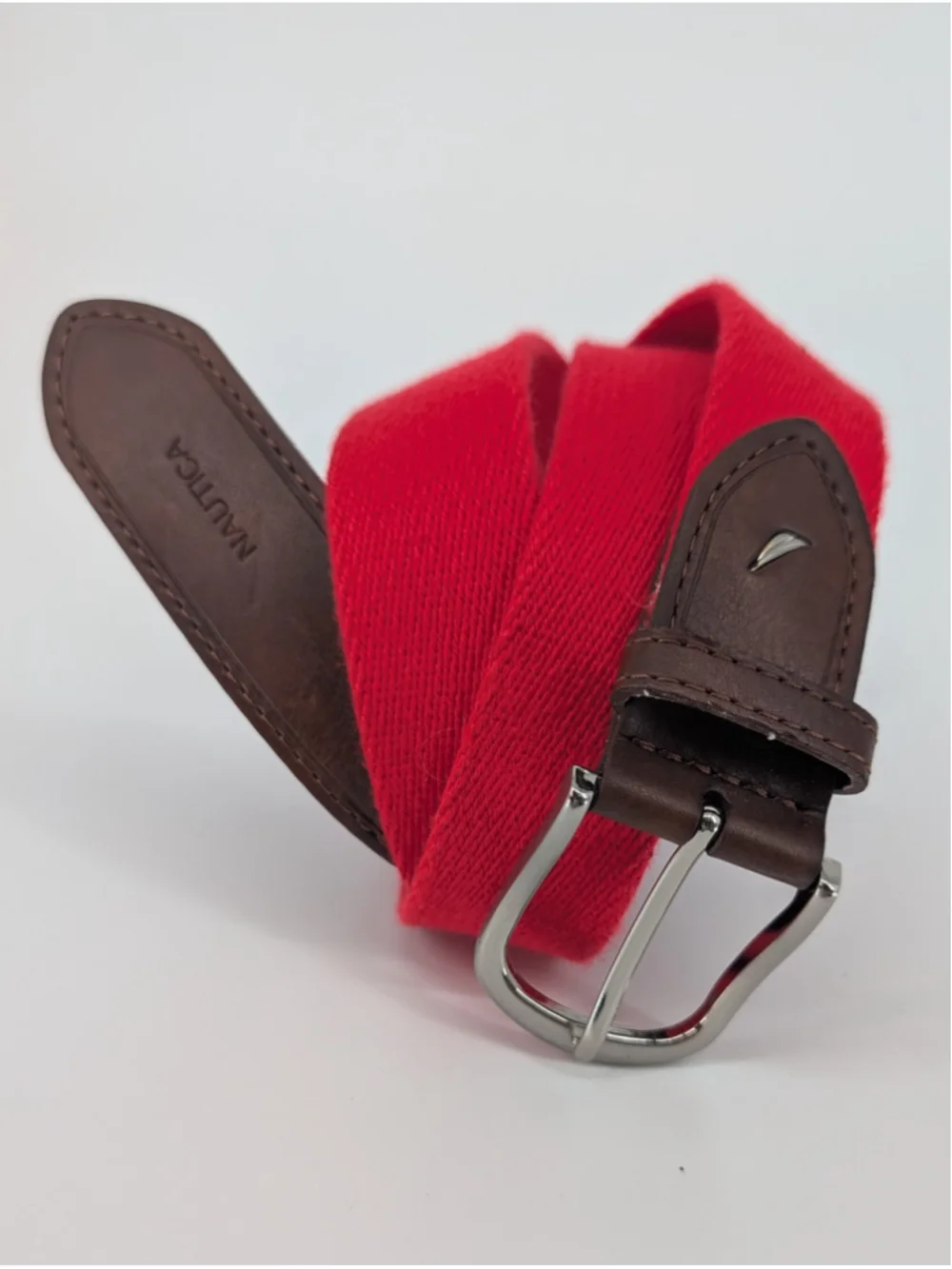 Nautica Men’s Red Webbing Belt Brown Leather Size 40 100 Preppy Golfcore Coastal
